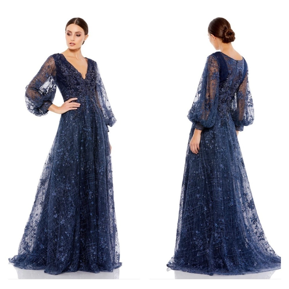 Mac Duggal 20283 NWT EMBELLISHED PLUNGE NECK PUFF SLEEVE A LINE GOWN